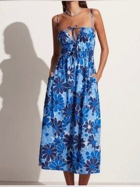 Faithfull the Brand Blue Floral Tie-Front Midi Dress size Medium